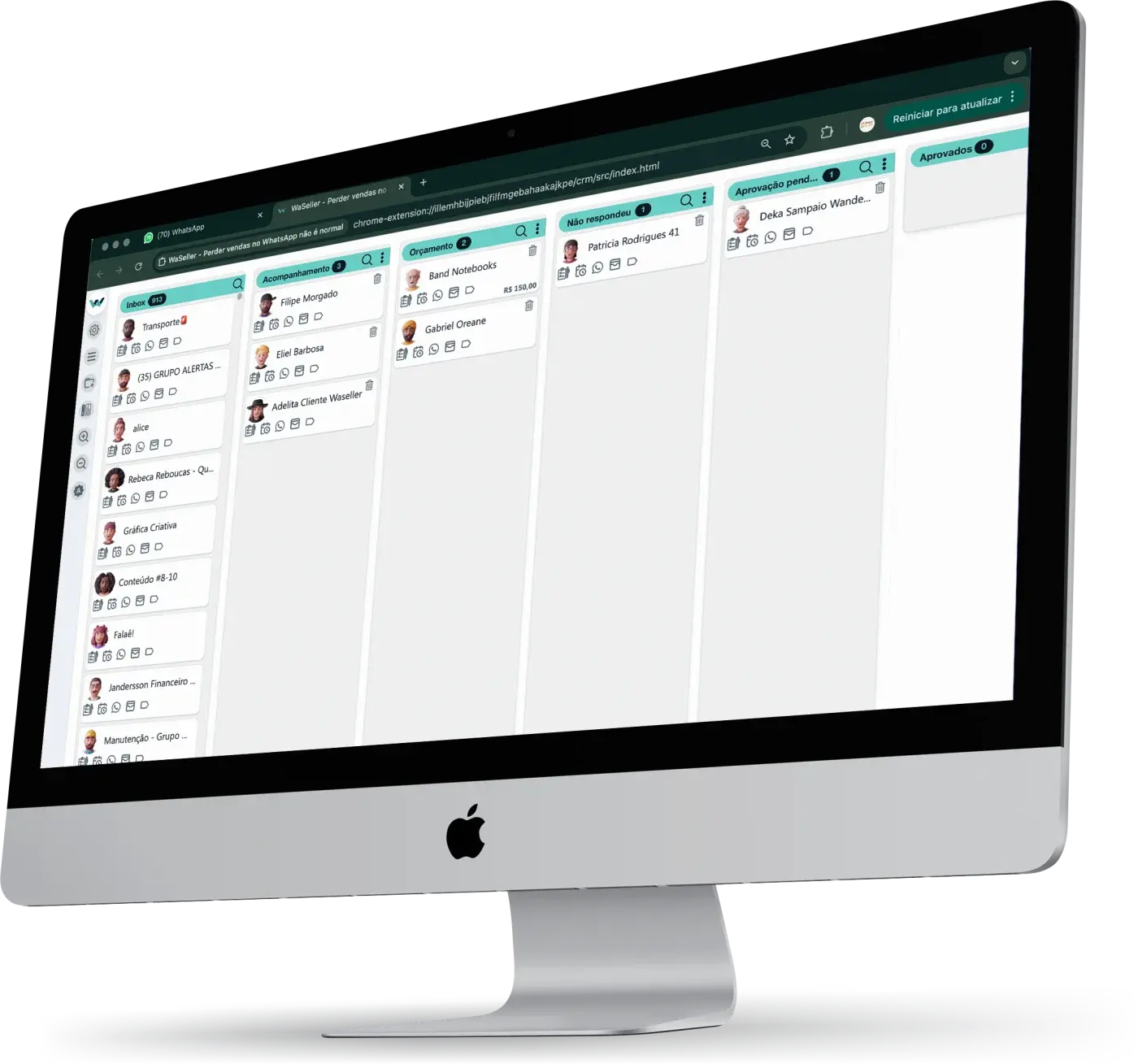 CRM Kanban do WaSeller no WhatsApp Web, com as colunas Inbox, Acompanhamento, Orçamento, Não respondeu e Aprovação pendente